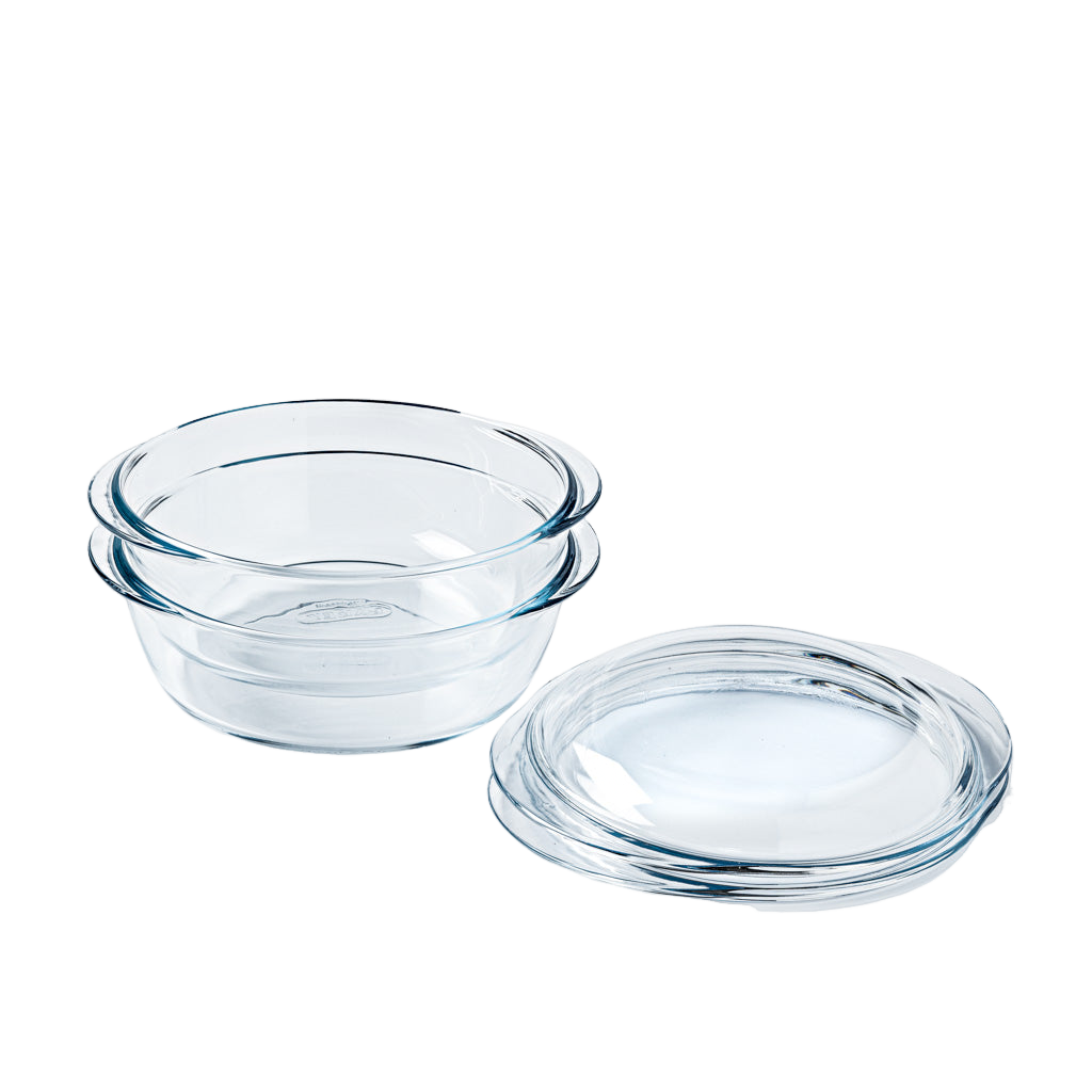 Set of 2 round glass casserole dishes
