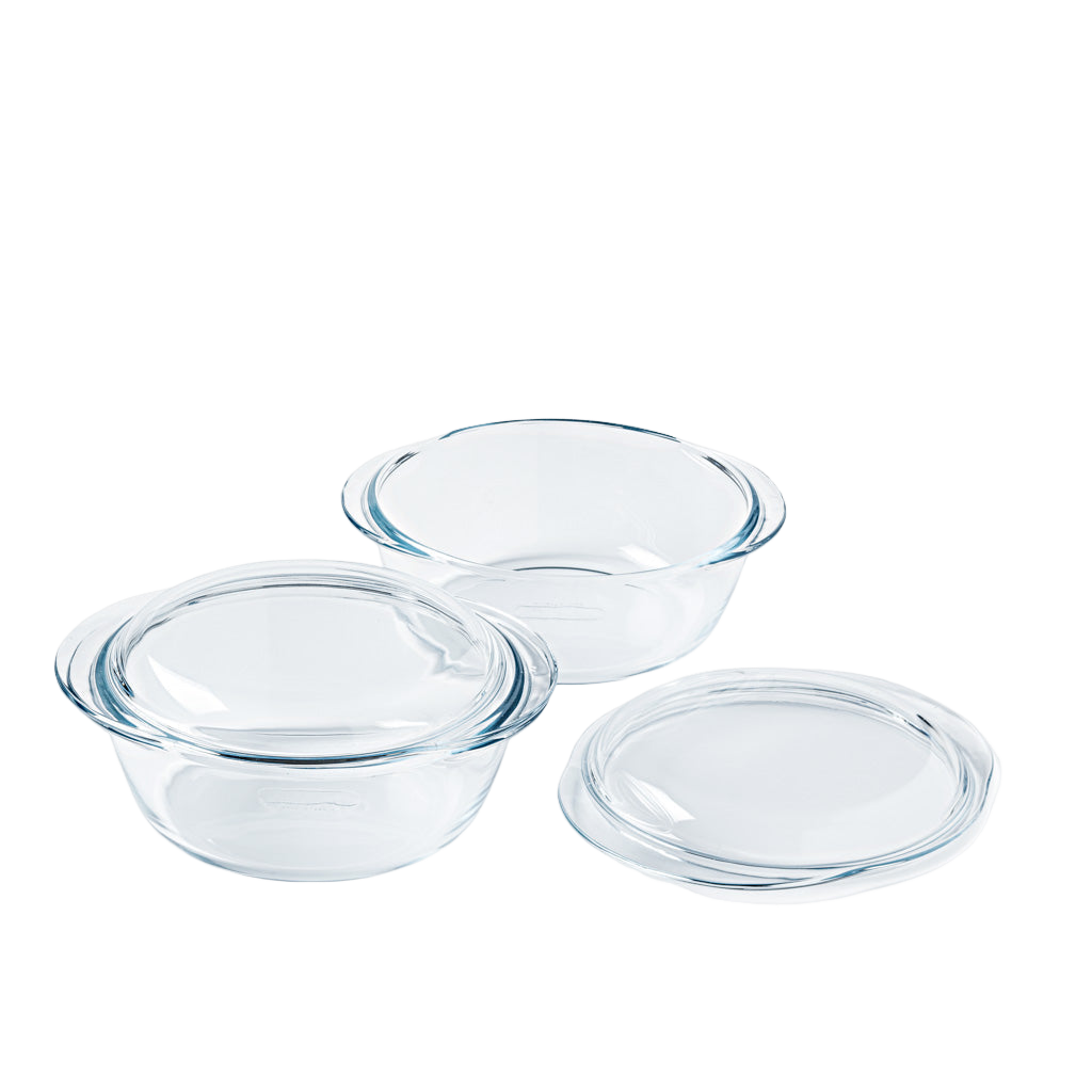 Set of 2 round glass casserole dishes