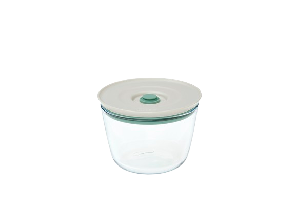 A round, white Cook&Save vacuum glass food storage dish with a clear lid.