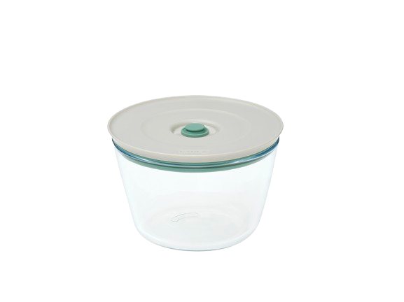 A round, Cook&Save vacuum glass food storage dish with a lid.