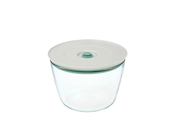 A round, Cook&Save vacuum glass food storage dish with a clear lid.