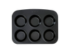 6-cup metal muffin tin with non-stick coating and a large handle for easy handling, seen from above.