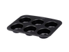 6-cup metal muffin tin with non-stick coating and a large handle for easy handling.