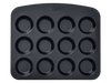 12-cup metal muffin tin with non-stick coating and a large handle for easy handling, seen from above.