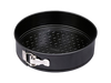 Round springform pan made of black non-stick metal.