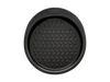 Metal cake tin with black non-stick coating and a large handle for easy grip, seen from above.