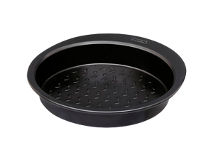 Metal cake tin with black non-stick coating and a large handle for easy grip.