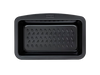 Metal cake tin with black non-stick coating and a large handle for easy grip, seen from above.