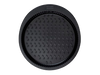 Black metal tart tin with large handles for easy grip, seen from above.