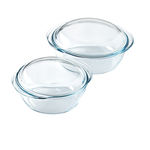 Set of 2 round glass casserole dishes