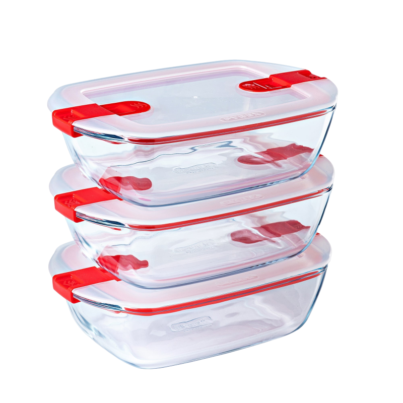 Set of 3 glass dishes with steam valve lid - Cook & Heat