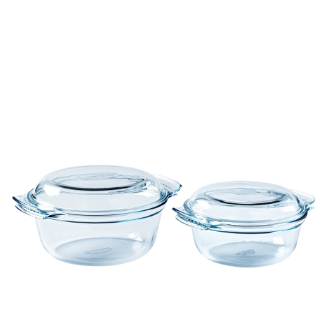 Lot de deux cocottes rondes en verre borosilicate avec couvercles, résistantes à la chaleur, idéales pour la cuisson au four et la conservation.