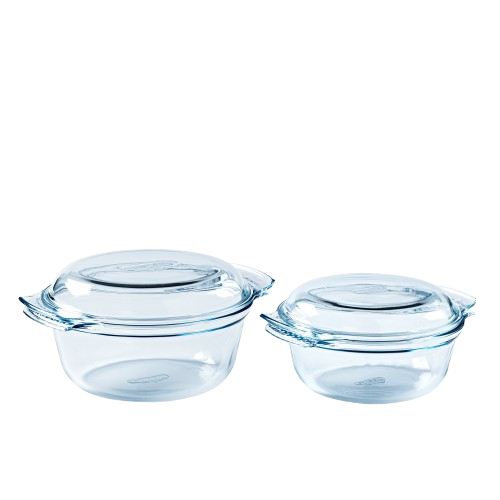 Lot de deux cocottes rondes en verre borosilicate avec couvercles, résistantes à la chaleur, idéales pour la cuisson au four et la conservation.
