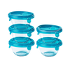 Set of five small glass storage bowls with turquoise-coloured plastic airtight lids.