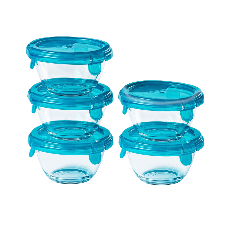 Set of five small glass storage bowls with turquoise-coloured plastic airtight lids.