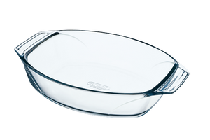 Oval glass baking dish with large handles