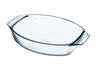 Oval glass baking dish with large handles for easy handling.