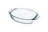 Oval glass baking dish with large handles for easy handling.