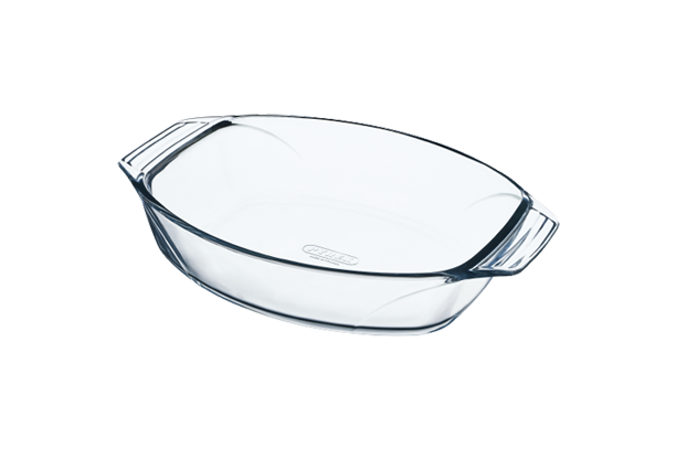 Oval glass baking dish with large handles for easy handling.