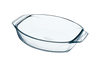 Oval glass baking dish with large handles for easy handling.