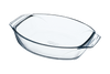 Oval glass baking dish with large handles for easy handling.