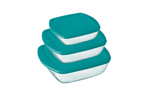 Cook & Store - Set of 3 Square Glass Dishes with Lid 0.35 L + 1.0 L + 2.2 L