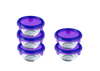 Set of five small glass storage bowls with purple plastic airtight lids.