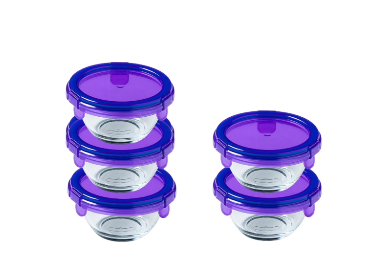 Set of five small glass storage bowls with purple plastic airtight lids.