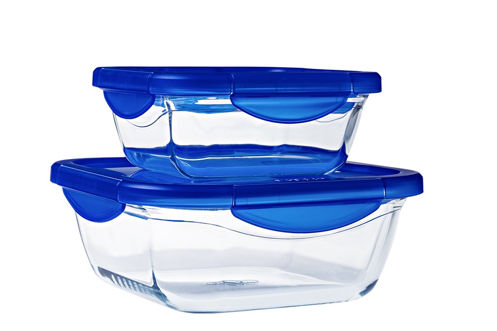 Set of 2 square glass lunchbox containers with airtight and leakproof lid - (0.8L, 1.9L) - BPA free
