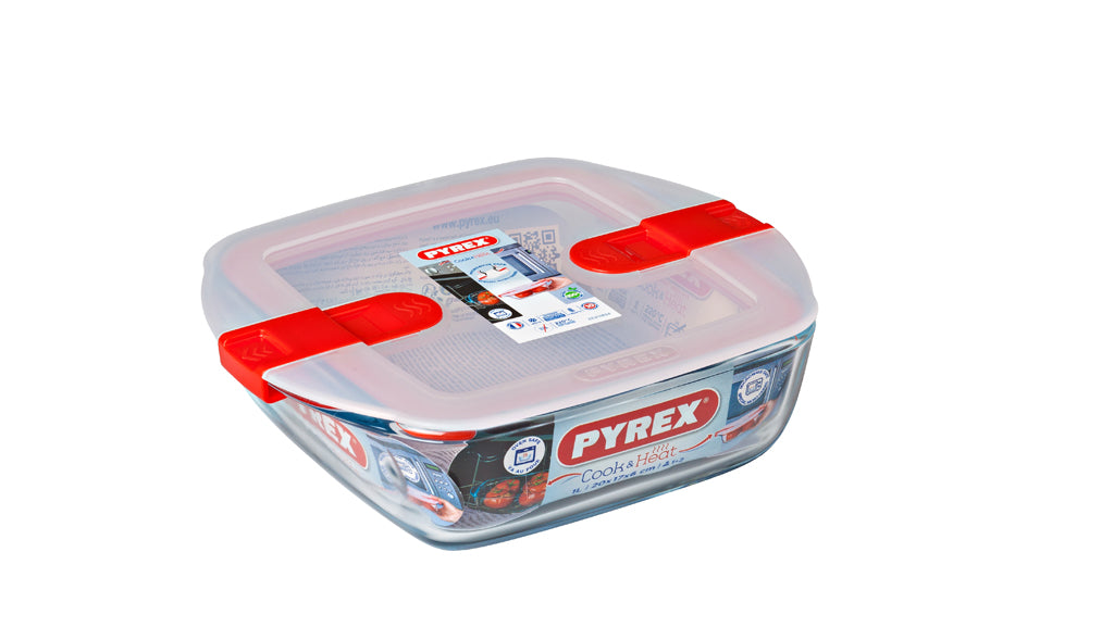 Square glass dish with steam valve lid - Cook & Heat