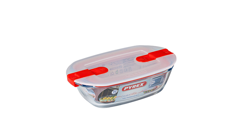 Rectangular glass dish with steam valve lid - Cook & Heat