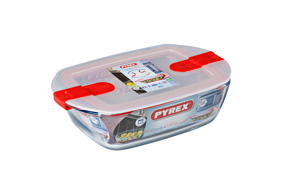 Rectangular glass dish with steam valve lid - Cook & Heat