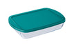 Rectangular family-sized glass baking dish with plastic lid.