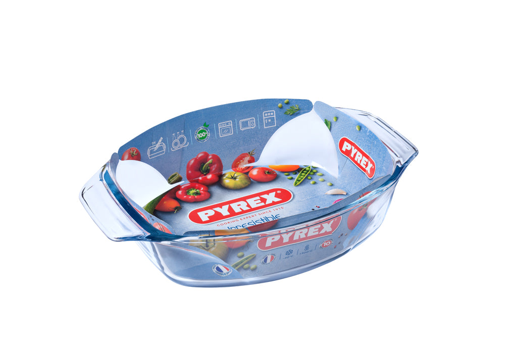 Oval glass baking dish with large handles