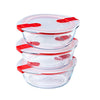 Set of 3 Round Glass Food Containers 1.1 L with Airtight Lid for Microwaves