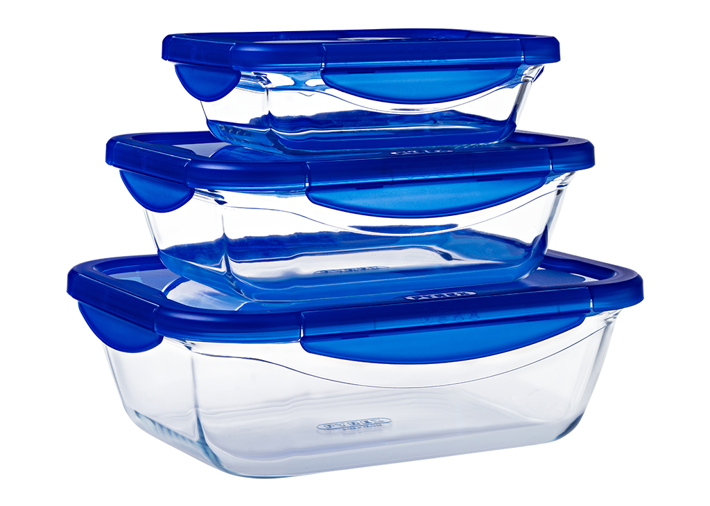 Set of 3 rectangular glass lunchbox containers with airtight and leakproof lid - (0.8 L, 1.7 L and 3,30 L) - BPA free