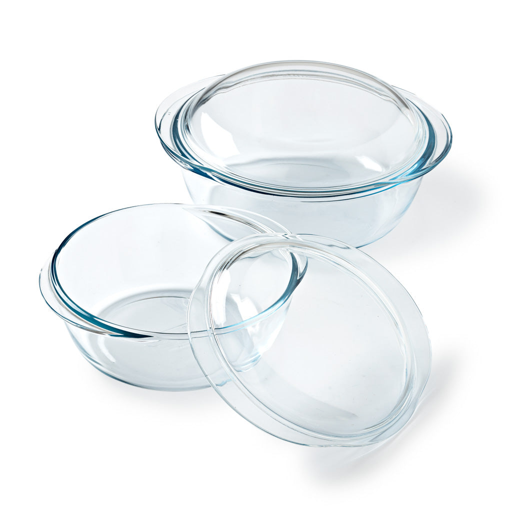 Set of 2 round glass casserole dishes