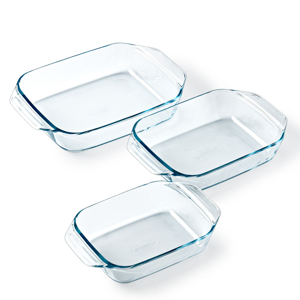 Set of 3 rectangular glass oven dishes with easy grip