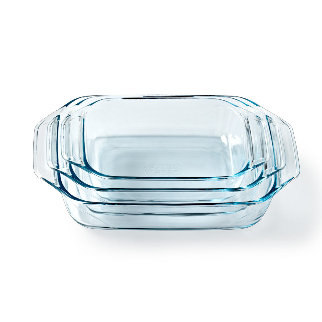 Set of 3 rectangular glass oven dishes with easy grip