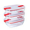 Set of 3 Rectangular Glass Food Containers 1.1 L with Airtight Lid for Microwaves