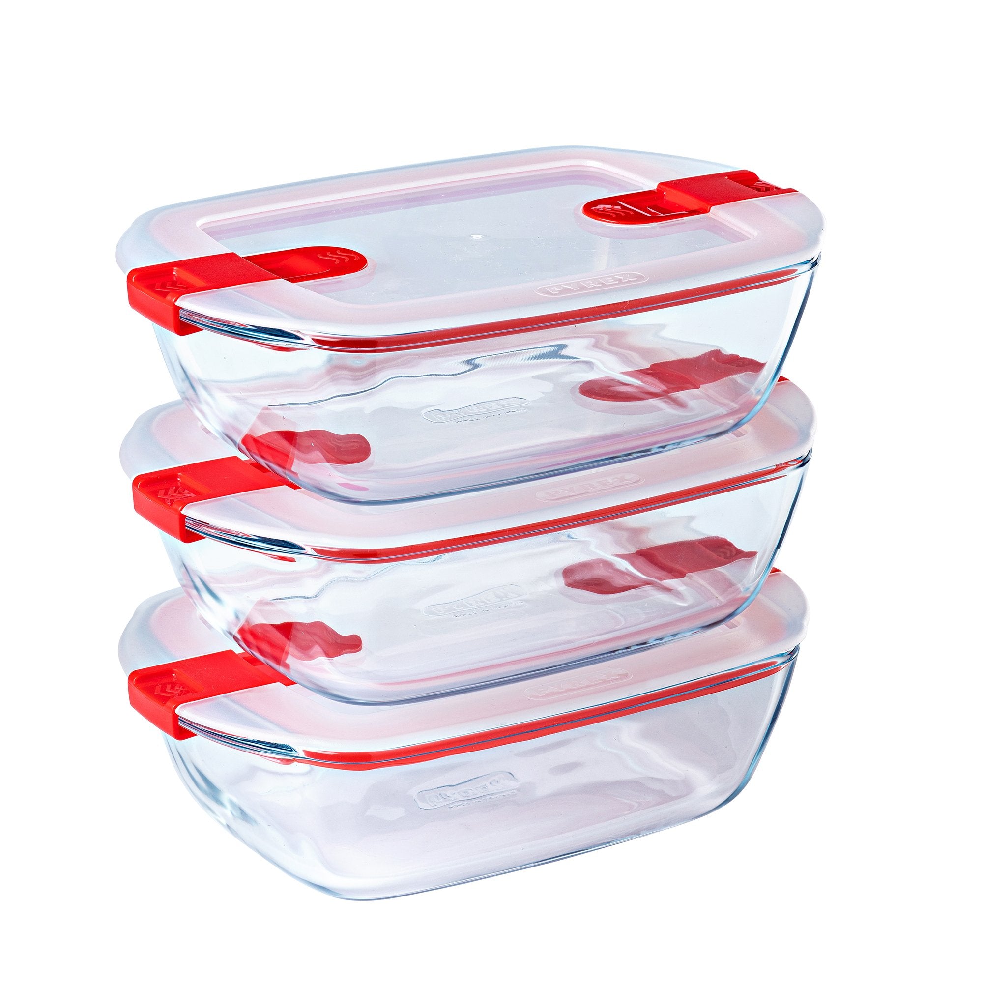 Set of 3 Rectangular Glass Food Containers 1.1 L with Airtight Lid for Microwaves